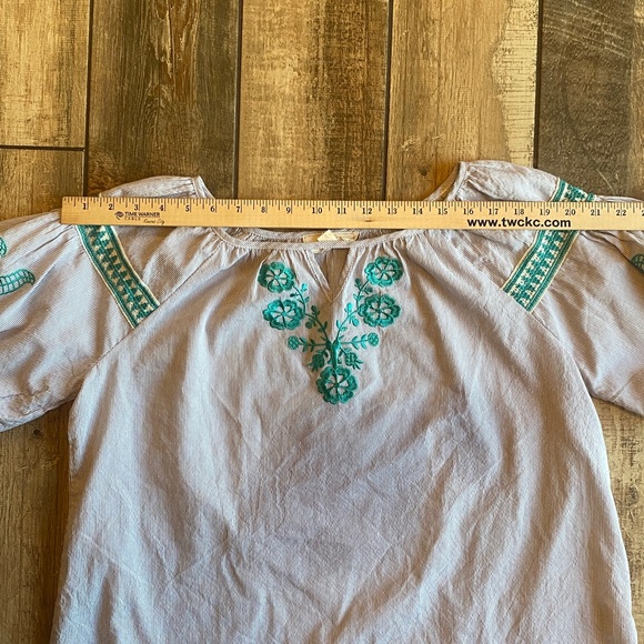 Coverstitched Embroidered Women's Top - Gray with Teal Accents - Picture 7 of 11